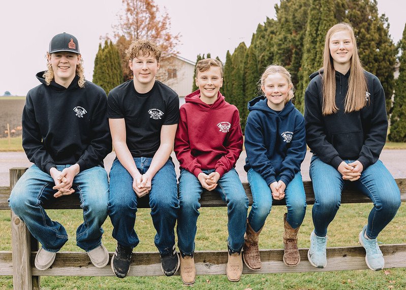 Group of five children sitting on a wooden fence, wearing casual hoodies and jeans, with a rural landscape in the background. The kids are smiling and showcasing a friendly, outdoor atmosphere.
