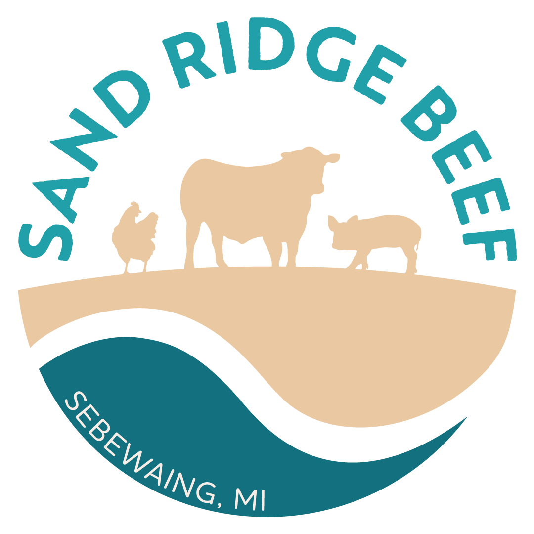 Logo of Sand Ridge Beef featuring silhouettes of a cow, pig, and chicken, with a wave design and text indicating the location as Sebewaing, MI. Suitable for representing quality farm-raised meat products.